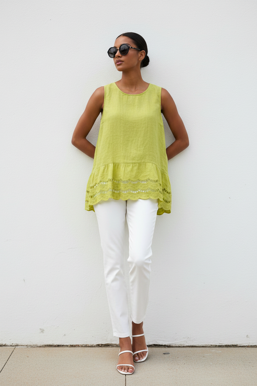 Blusa smanicata lino e sangallo