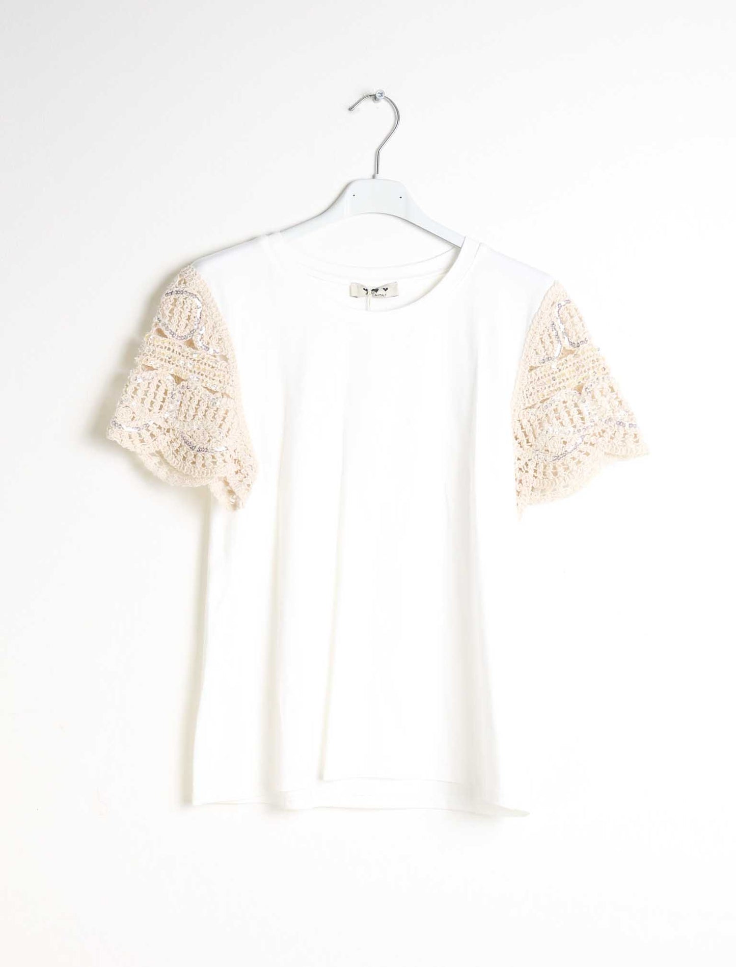T shirt manica macramè e paillettes