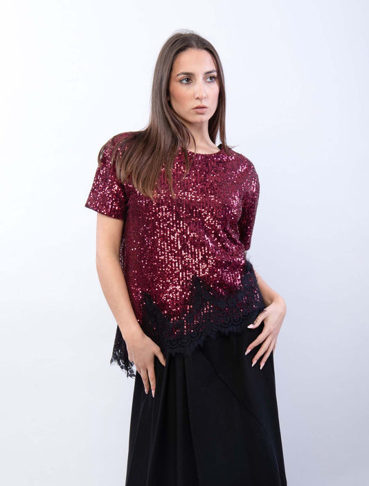 Maglietta con pailettes e pizzo