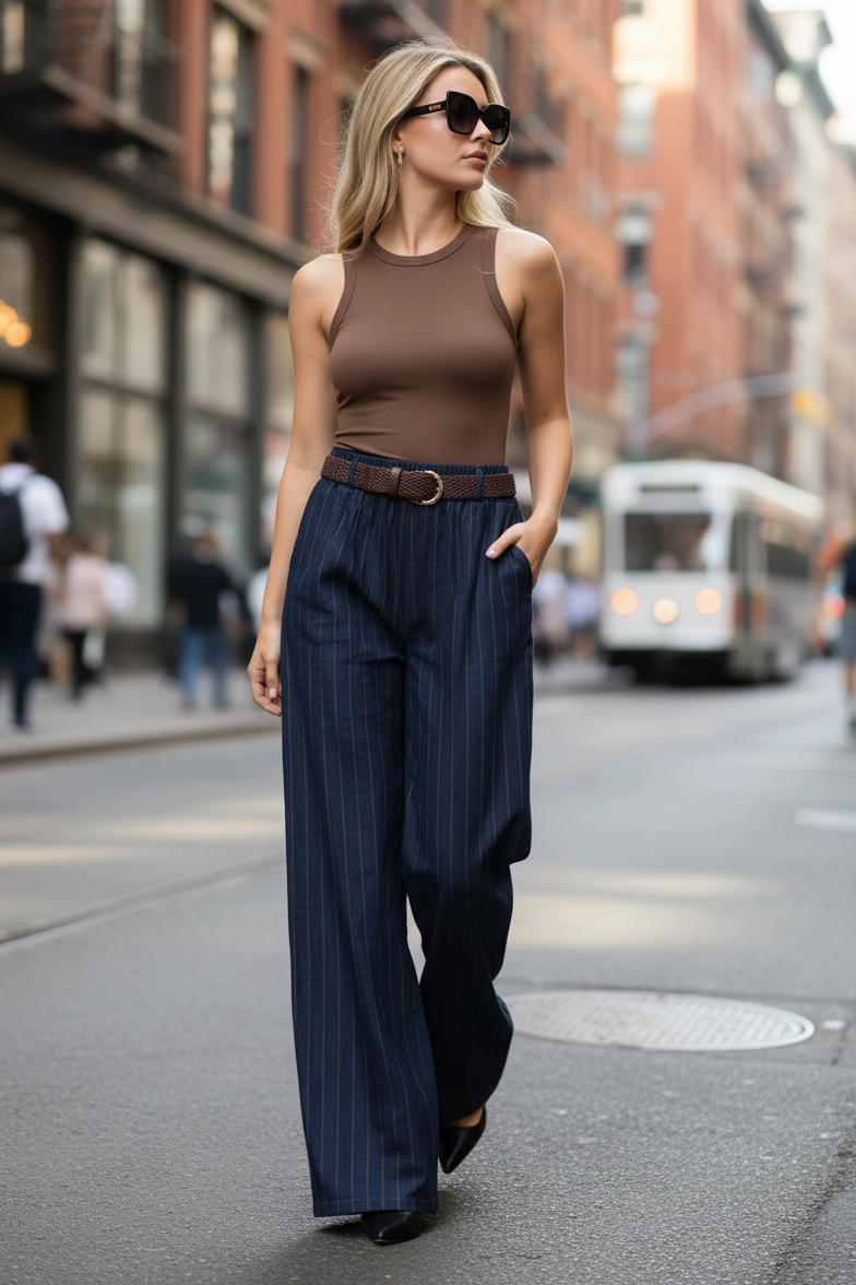Pantalone gessato in chambray